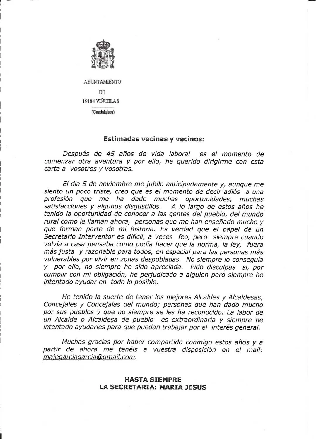 Carta de Despedida Mª Jesús